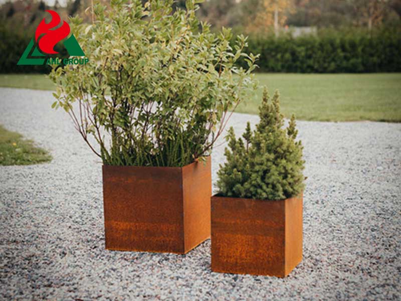 No paint corten steel planter box with House Number